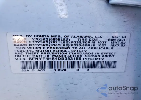 2013 Honda Pilot Exl из США, поврежденный, VIN 5FNYF4H54DB083156